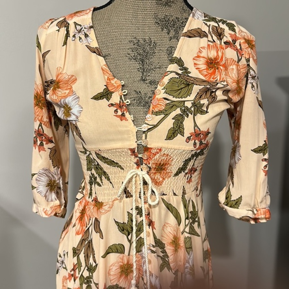 Jaase peach/orange floral bohemian maxi dress with button stern front size XS - Picture 2 of 11